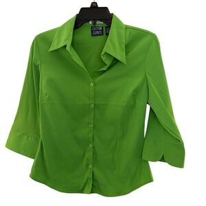 Cotton Express Button Down Top Womens M Green 3/4 Sleeve Petal Cuff Cottagecore
